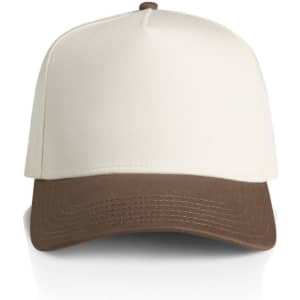A two-tone cap featuring a cream-coloured body and a brown brim, with a logo on the front.