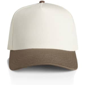 A two-tone cap featuring a cream crown and a brown peak. The cap has a logo on the front.