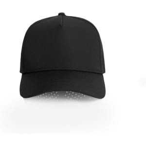 A black cap with a perforated design and a front peak. Features a logo on the front.