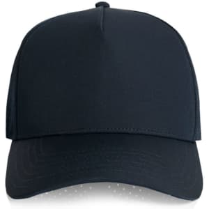 A navy perforated cap featuring a structured design and a curved brim. It includes a branding logo.