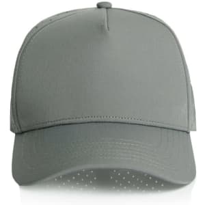 A grey perforated cap with a structured design and a logo on the front. Ideal for casual wear.