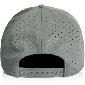 A grey perforated cap featuring a snapback closure and a logo on the back.