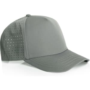 A grey cap with perforated side panels and a curved brim, featuring a logo on the front.