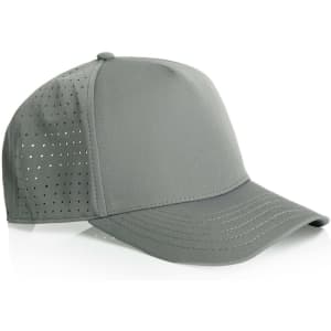 A grey perforated cap with a solid front panel and mesh side panels, featuring a logo on the front.