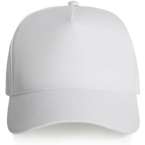 A white cap featuring a perforated design and a logo on the side.