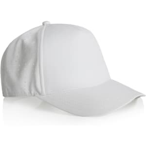 A white perforated cap with a curved brim, featuring a logo on the side.