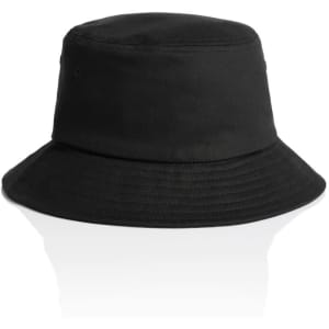 A black kids' bucket hat featuring a wide brim and a simple design with a logo.