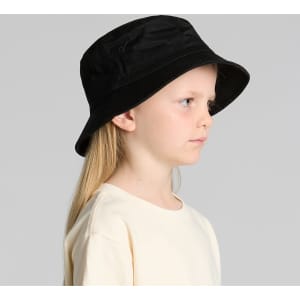 A black bucket hat worn by a child, featuring a simple design and a subtle logo.