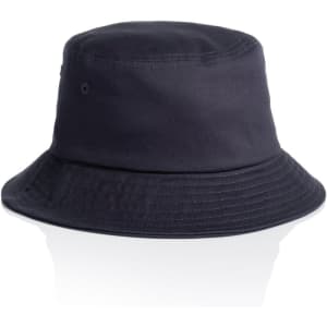 A navy blue kids bucket hat featuring a wide brim and a well-structured design. It includes a logo.