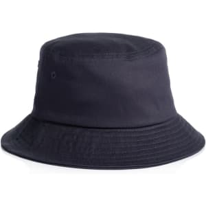 A dark navy bucket hat with a wide brim and a textured finish, featuring a small logo.