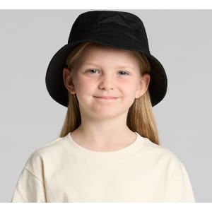 A black kids bucket hat featuring a wide brim and a simple design, suitable for outdoor activities.