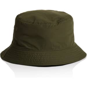 An olive green nylon bucket hat with a wide brim and a logo detail.