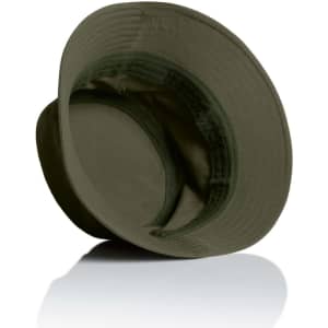 A nylon bucket hat in olive green, featuring a wide brim and an inner lining. It has a logo inside.