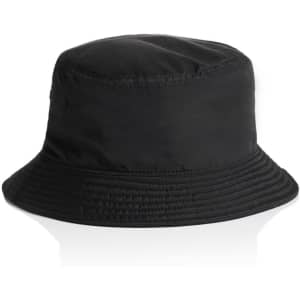 A black nylon bucket hat featuring a wide brim and a simple design. It has a logo on the side.