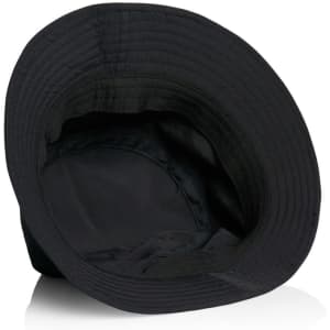 A black nylon bucket hat with a wide brim, featuring an interior lining and a branding logo.