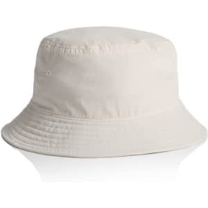 A beige nylon bucket hat with a wide brim and a subtle logo on the side.