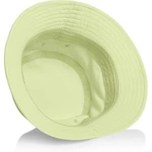 A light green nylon bucket hat with an inner lining, featuring a logo inside.