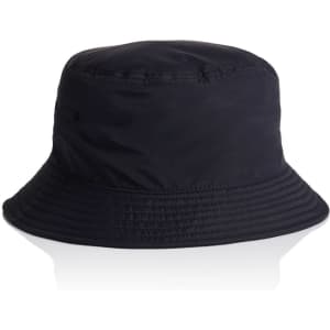 A black nylon bucket hat with a wide brim, featuring a subtle logo. Ideal for outdoor activities.