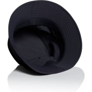 A black nylon bucket hat featuring a wide brim and a soft interior. The hat has a logo inside.