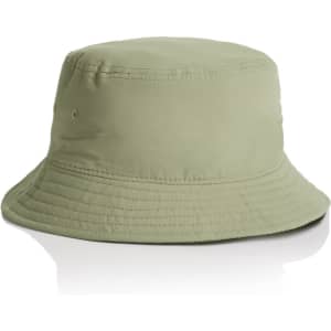 A light green nylon bucket hat with a structured brim and a logo on the side.
