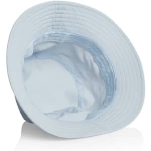 Light blue nylon bucket hat with a wide brim and an interior lining, featuring a logo on the exterior.