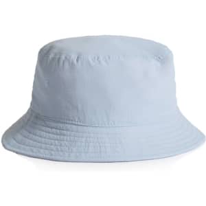 A light blue nylon bucket hat with a flexible brim and a logo on the side.