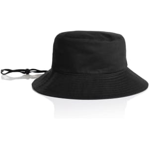 A black wide brim bucket hat featuring a chin strap and a logo on the side.