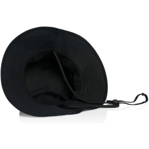 A black wide brim bucket hat with an adjustable strap, featuring an interior lining and a logo.
