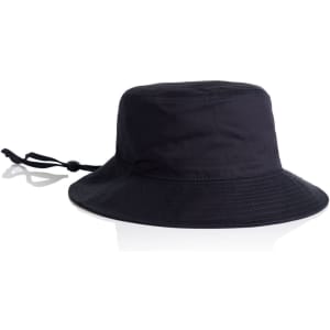 A wide-brim bucket hat in black, featuring a drawstring for adjustable fit and a simple design.