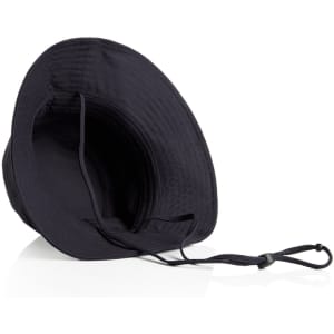 A black wide brim bucket hat with an adjustable strap, featuring a simple design and no visible branding.