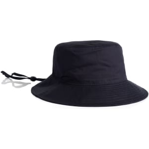A wide-brim bucket hat in navy blue, featuring a drawstring for an adjustable fit and a logo.