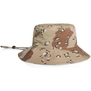 A wide-brimmed bucket hat in a camo pattern featuring shades of beige and brown, with an adjustable strap.