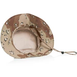 A wide brim camo bucket hat in shades of brown and beige, featuring a chin strap and an internal lining.