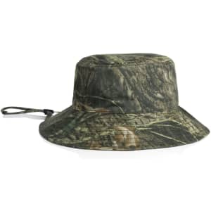 A wide brim bucket hat in a camo pattern, featuring a chin strap for secure wear.