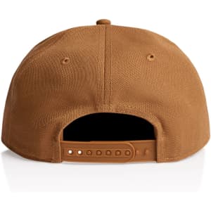 A brown canvas cap with a snapback closure and a logo on the back.