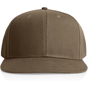 A brown canvas cap with a flat brim and six-panel structure, featuring a logo on the front.