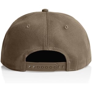 A brown canvas cap featuring a snapback closure and with a branding logo on the back.