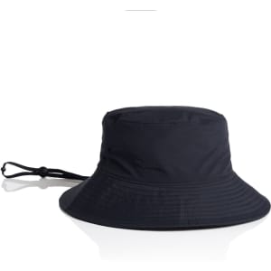 A navy nylon wide brim bucket hat with a drawstring for adjustability, featuring a logo.