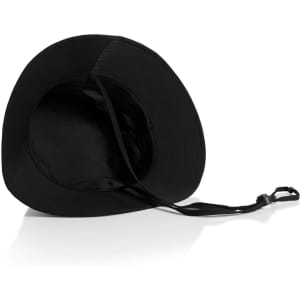 A black nylon wide brim bucket hat with an adjustable strap and a smooth interior.