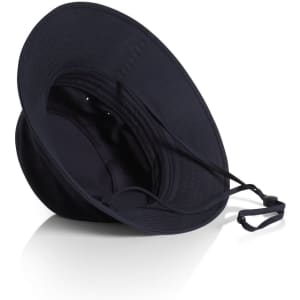 A navy nylon wide brim bucket hat with a drawstring and an inner lining. It features a logo.