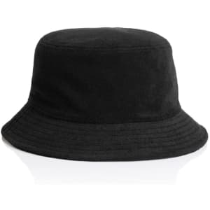 A black Terry Bucket Hat with a wide brim and a soft fabric texture, featuring a logo.
