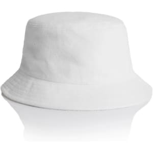 A white Terry bucket hat with a wide brim and a textured finish, featuring a logo.