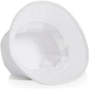 A white Terry Bucket Hat with a soft, textured interior and a wide brim. Features a logo on the exterior.