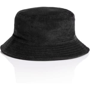 A black cord bucket hat with a soft, textured fabric and a wide brim. It features a logo on the side.