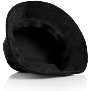 A black bucket hat featuring a textured fabric and a soft inner lining, with a logo on the exterior.
