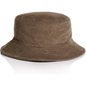 A brown cord bucket hat with a wide brim, featuring a textured ribbed design. It has a logo without visible text.