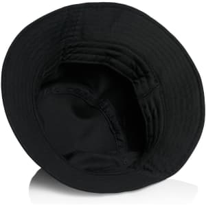 A black bucket hat featuring a wide brim and a smooth inner lining. The hat has a logo.