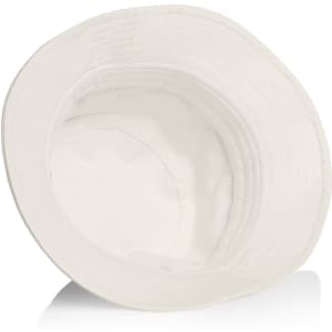 A white bucket hat with a wide brim and a logo inside. The interior appears smooth and unadorned.