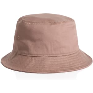 A bucket hat in a soft beige colour with a wide brim and a simple design. It features a logo on the side.