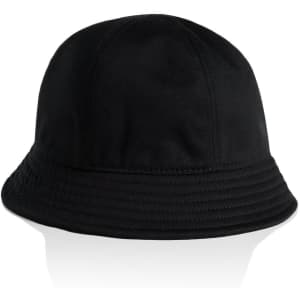 A black bucket hat with a textured brim and a logo. Ideal for headwear collections.